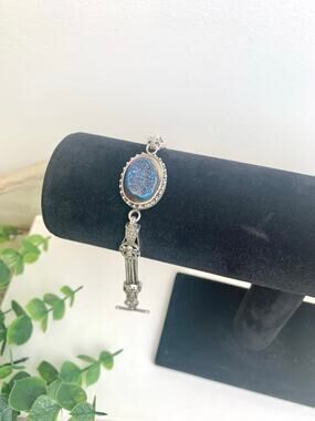 Vintage Sterling Silver Druzy Quartz Bracelet Blue Iridescent 925 Jewelry